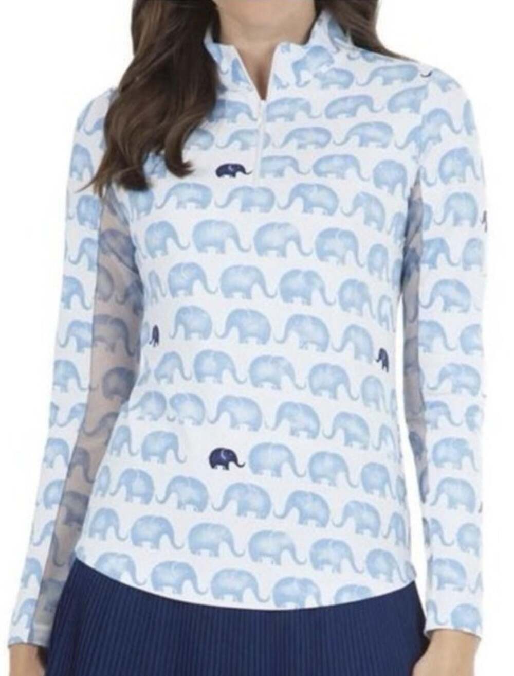 IBKUL Shirt Womens Small Blue Elephant Print 1/4 Zip Mock Neck Golf UPF 50+